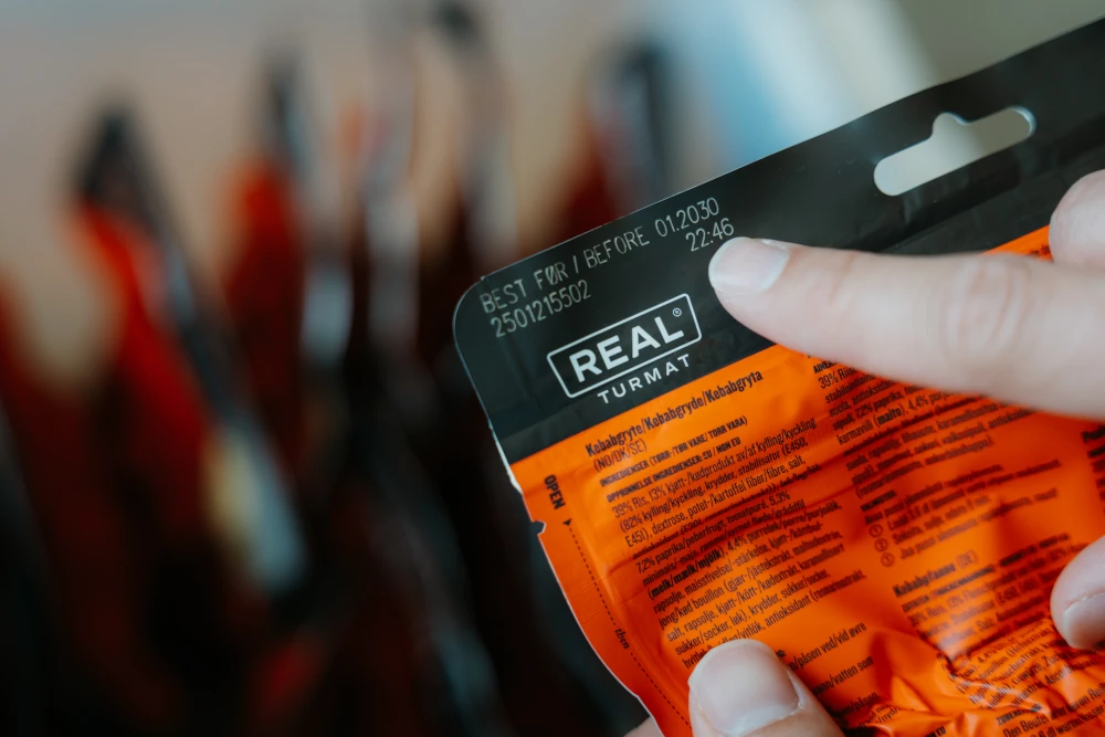 anvisning hvor man ser datostempling på real turmat posen