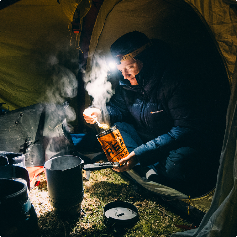 joffrey maluski eating real turmat in his tent