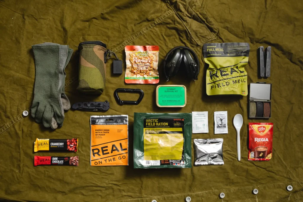 Arctic field ration meals laid out on a table